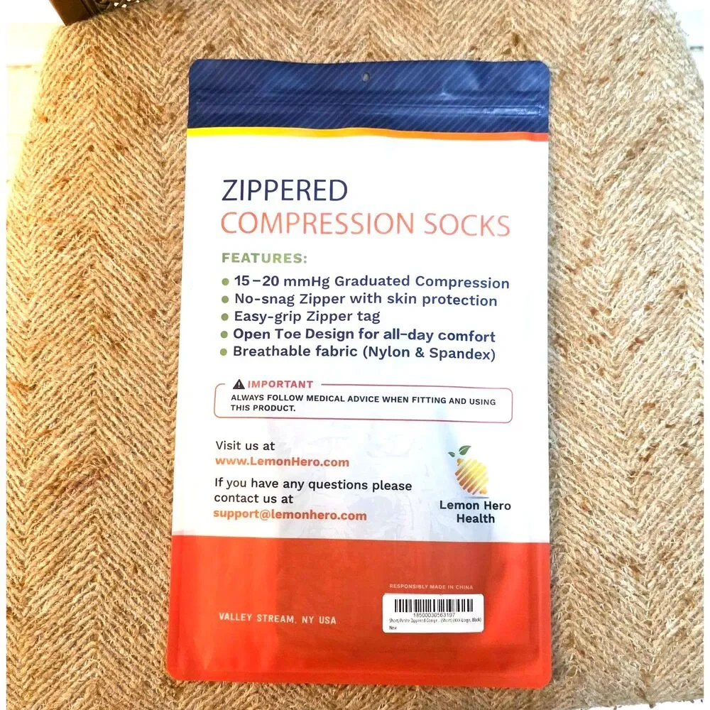 Lemon Hero Zippered Compression Socks Open Toe 15-20mmHg 3XL Short New